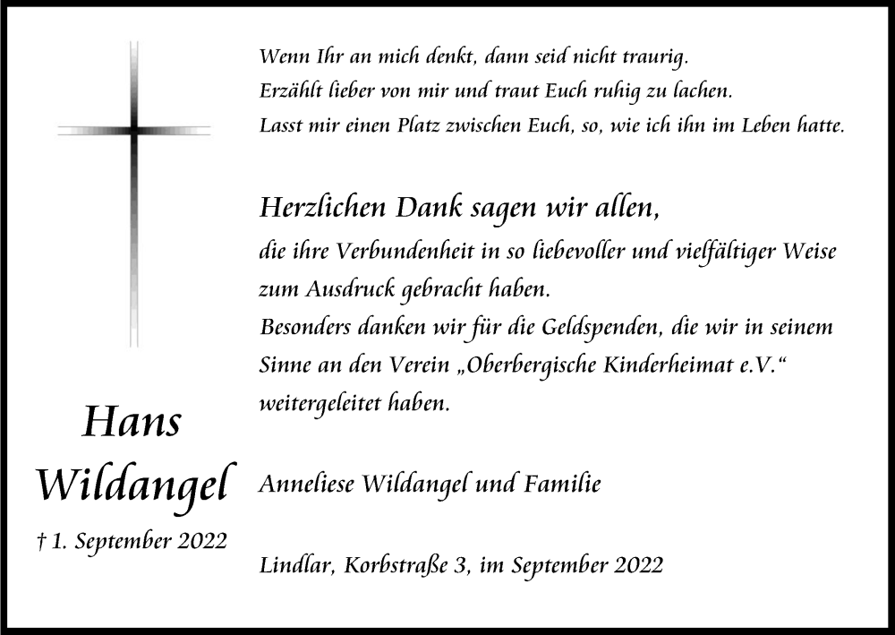  Traueranzeige für Hans Wildangel vom 01.10.2022 aus Kölner Stadt-Anzeiger / Kölnische Rundschau / Express