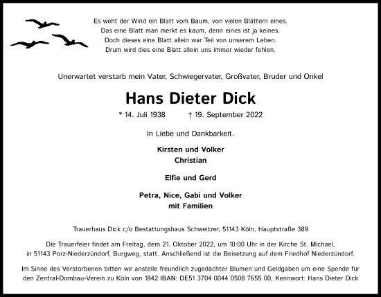 Anzeige von Hans Dieter Dick von Kölner Stadt-Anzeiger / Kölnische Rundschau / Express