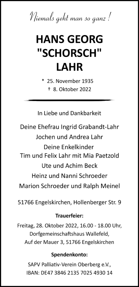  Traueranzeige für Hans Georg Lahr vom 21.10.2022 aus  Anzeigen Echo 
