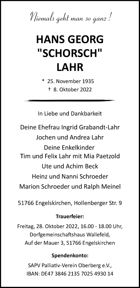 Anzeige von Hans Georg Lahr von Kölner Stadt-Anzeiger / Kölnische Rundschau / Express
