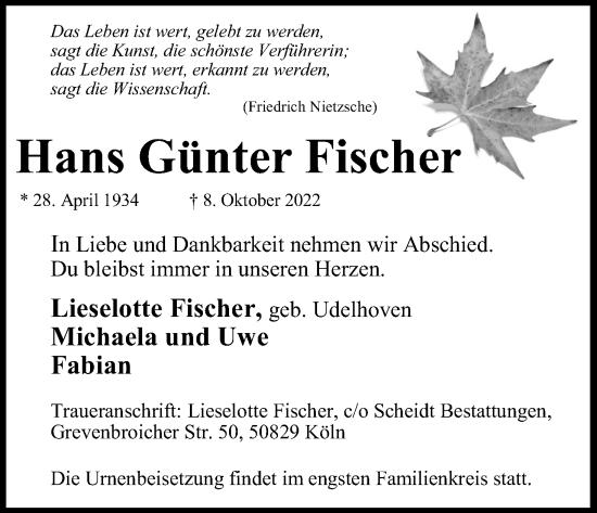 Anzeige von Hans Günter Fischer von Kölner Stadt-Anzeiger / Kölnische Rundschau / Express