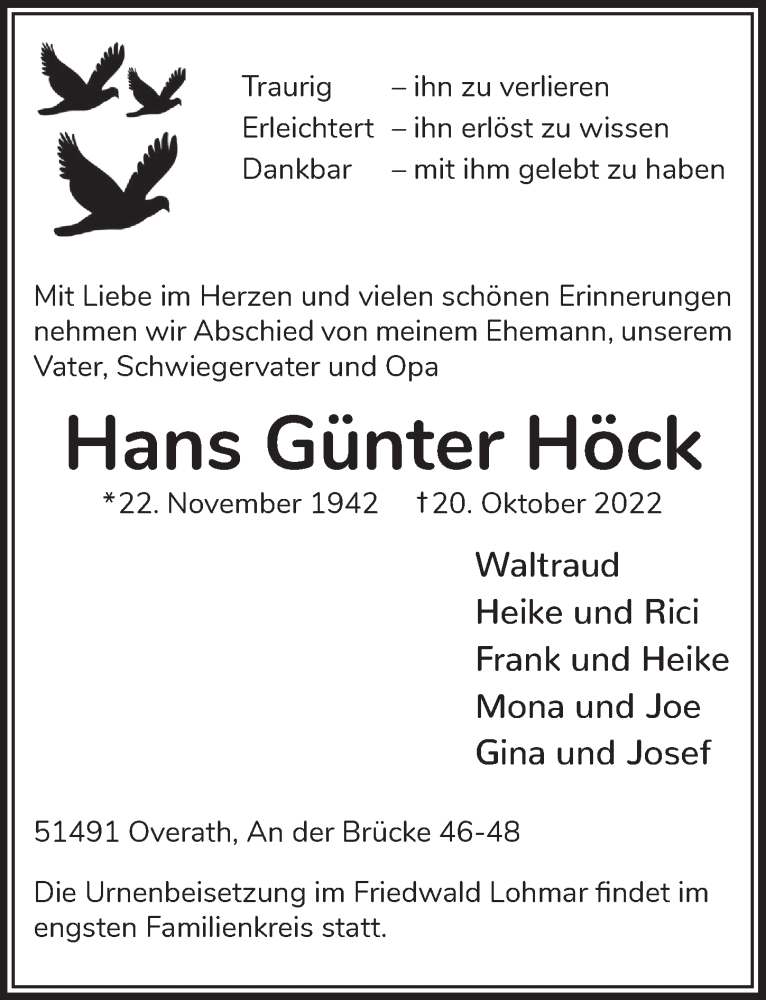  Traueranzeige für Hans Günter Höck vom 28.10.2022 aus  Bergisches Handelsblatt 