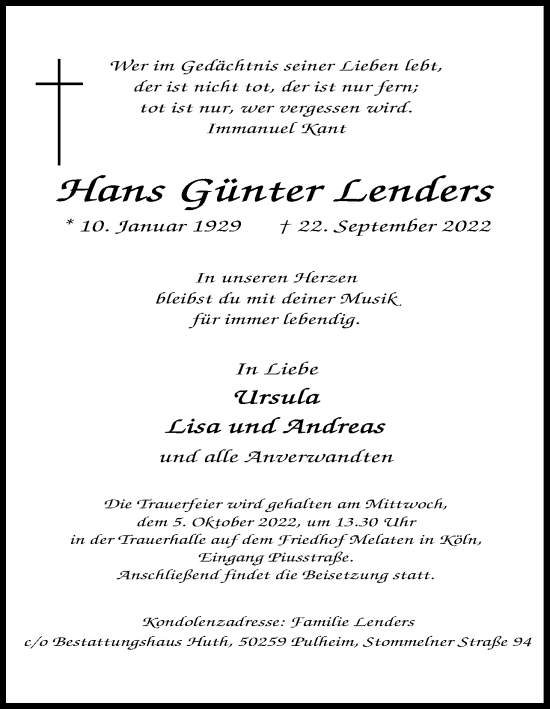 Anzeige von Hans Günter Lenders von Kölner Stadt-Anzeiger / Kölnische Rundschau / Express