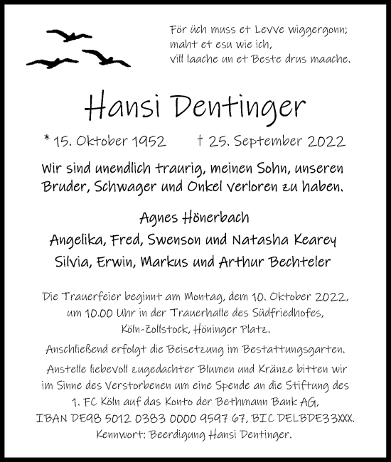 Anzeige von Hansi Dentinger von Kölner Stadt-Anzeiger / Kölnische Rundschau / Express