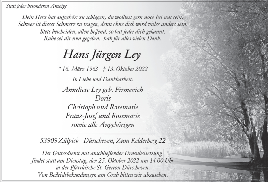 Anzeige von Hans Jürgen Ley von  Blickpunkt Euskirchen 