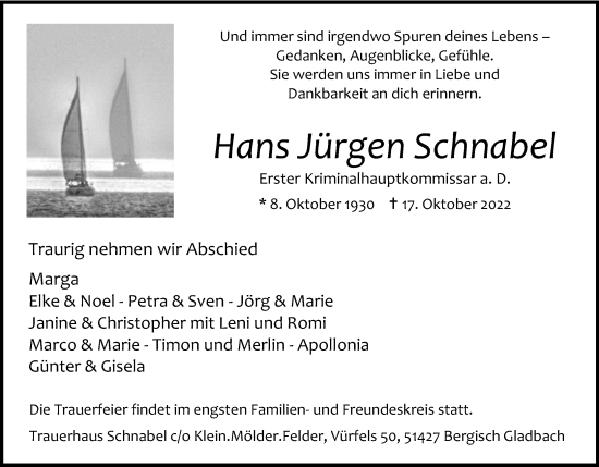 Anzeige von Hans Jürgen Schnabel von Kölner Stadt-Anzeiger / Kölnische Rundschau / Express