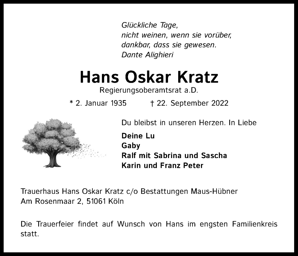  Traueranzeige für Hans Oskar Kratz vom 01.10.2022 aus Kölner Stadt-Anzeiger / Kölnische Rundschau / Express