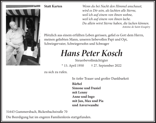 Anzeige von Hans Peter Kosch von  Anzeigen Echo 