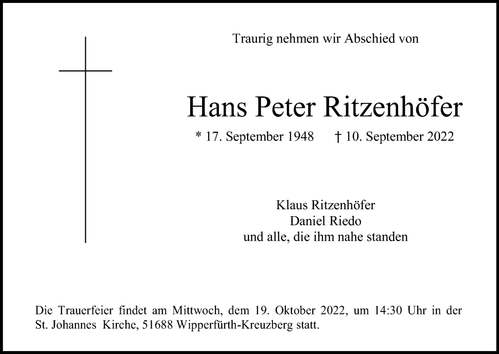  Traueranzeige für Hans Peter Ritzenhöfer vom 08.10.2022 aus Kölner Stadt-Anzeiger / Kölnische Rundschau / Express