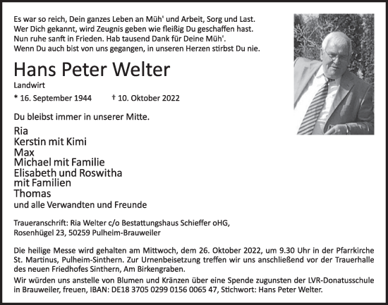 Anzeige von Hans Peter Welter von  Wochenende 
