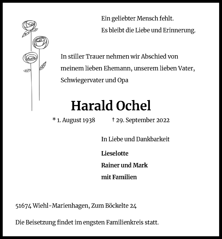  Traueranzeige für Harald Ochel vom 08.10.2022 aus Kölner Stadt-Anzeiger / Kölnische Rundschau / Express