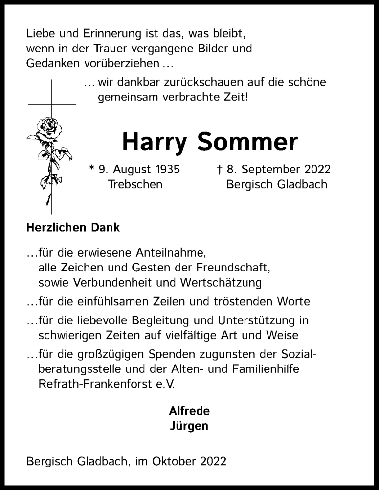  Traueranzeige für Harry Sommer vom 29.10.2022 aus Kölner Stadt-Anzeiger / Kölnische Rundschau / Express