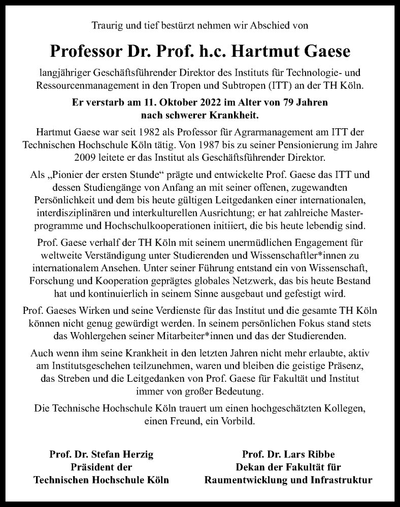  Traueranzeige für Hartmut Gaese vom 22.10.2022 aus Kölner Stadt-Anzeiger / Kölnische Rundschau / Express