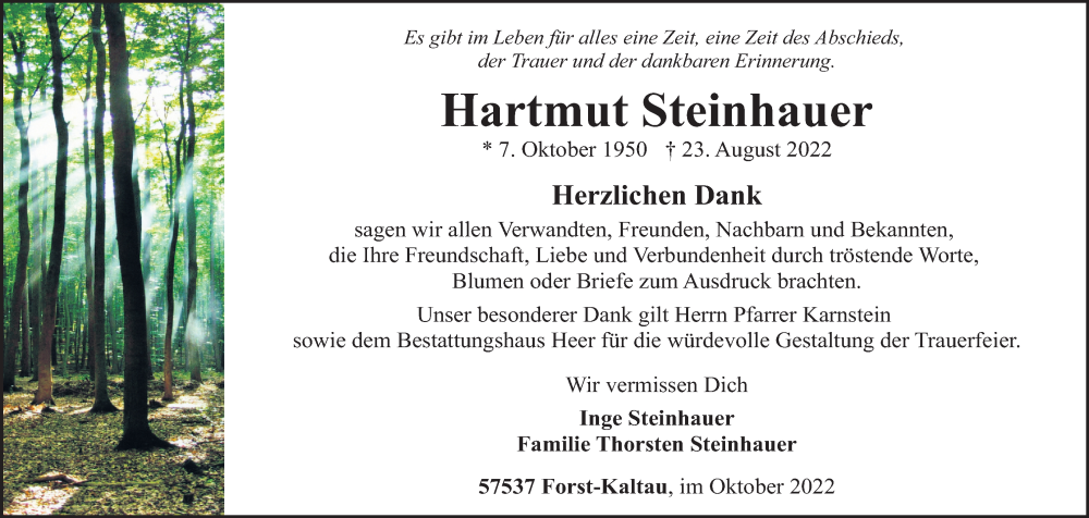  Traueranzeige für Hartmut Steinhauer vom 01.10.2022 aus Kölner Stadt-Anzeiger / Kölnische Rundschau / Express