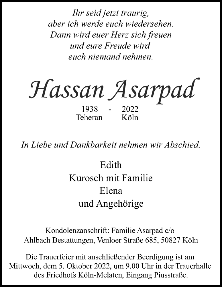  Traueranzeige für Hassan Asarpad vom 01.10.2022 aus Kölner Stadt-Anzeiger / Kölnische Rundschau / Express