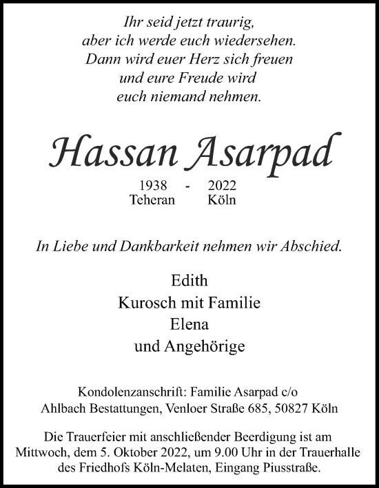 Anzeige von Hassan Asarpad von Kölner Stadt-Anzeiger / Kölnische Rundschau / Express