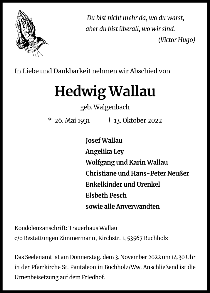  Traueranzeige für Hedwig Wallau vom 15.10.2022 aus Kölner Stadt-Anzeiger / Kölnische Rundschau / Express