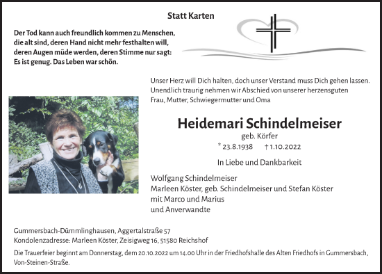 Anzeige von Heidemari Schindelmeiser von  Anzeigen Echo 