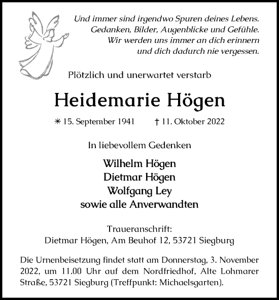 Anzeige von Heidemarie Högen von Kölner Stadt-Anzeiger / Kölnische Rundschau / Express