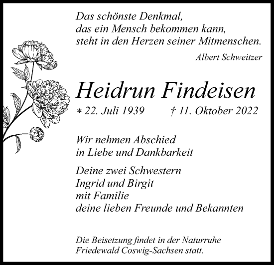 Anzeige von Heidrun Findeisen von Kölner Stadt-Anzeiger / Kölnische Rundschau / Express