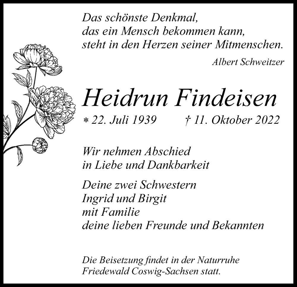  Traueranzeige für Heidrun Findeisen vom 22.10.2022 aus Kölner Stadt-Anzeiger / Kölnische Rundschau / Express