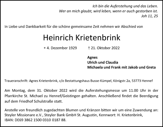 Anzeige von Heinrich Krietenbrink von Kölner Stadt-Anzeiger / Kölnische Rundschau / Express
