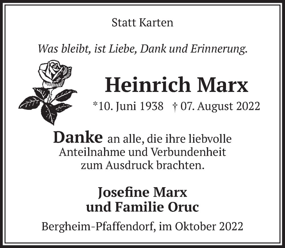  Traueranzeige für Heinrich Marx vom 14.10.2022 aus  Werbepost 