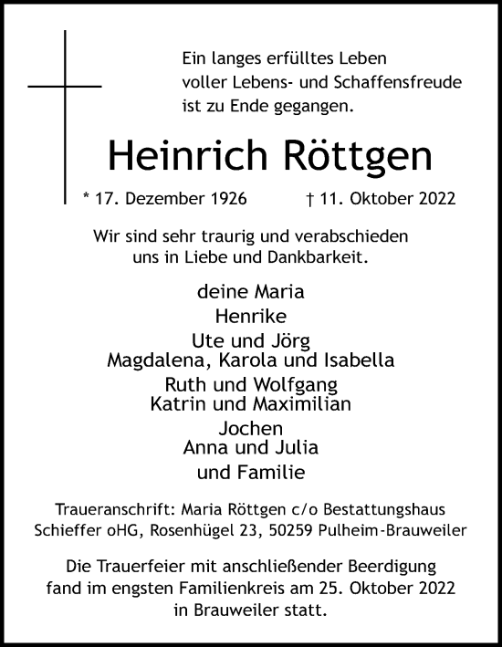 Anzeige von Heinrich Röttgen von Kölner Stadt-Anzeiger / Kölnische Rundschau / Express