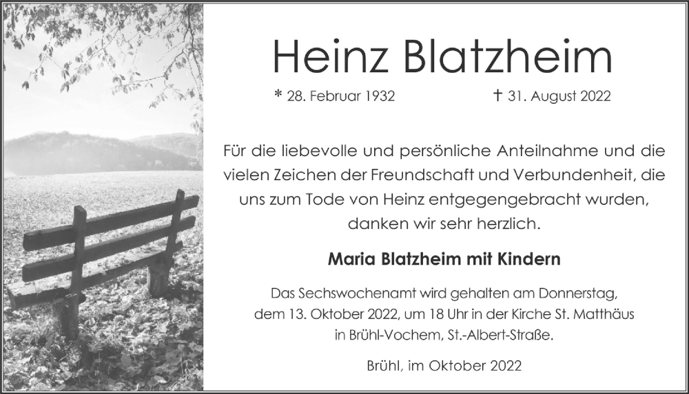  Traueranzeige für Heinz Blatzheim vom 07.10.2022 aus  Schlossbote/Werbekurier 