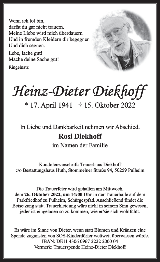 Anzeige von Heinz-Dieter Dieckhoff von  Wochenende 