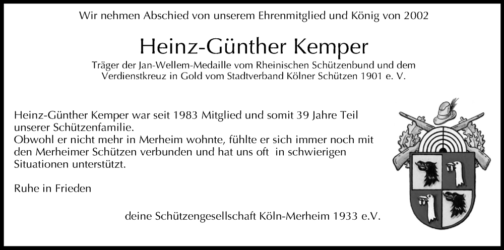  Traueranzeige für Heinz-Günther Kemper vom 01.10.2022 aus Kölner Stadt-Anzeiger / Kölnische Rundschau / Express