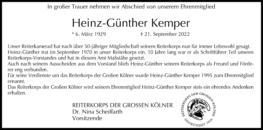  Traueranzeige für Heinz-Günther Kemper vom 01.10.2022 aus Kölner Stadt-Anzeiger / Kölnische Rundschau / Express