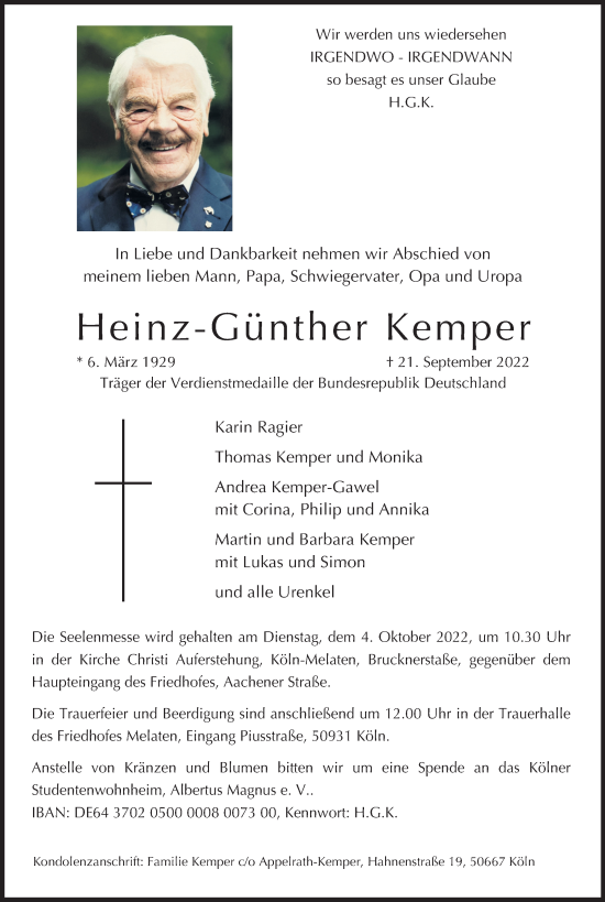 Anzeige von Heinz-Günther Kemper von Kölner Stadt-Anzeiger / Kölnische Rundschau / Express