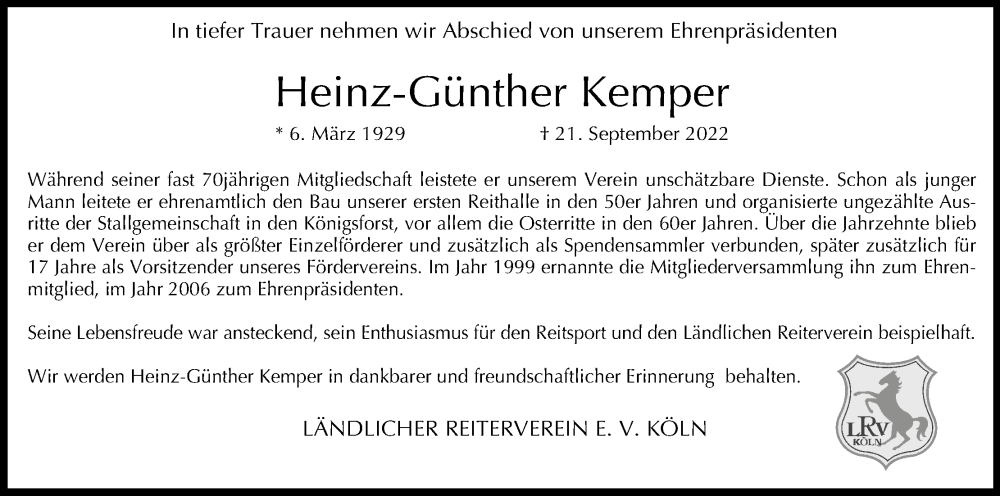  Traueranzeige für Heinz-Günther Kemper vom 01.10.2022 aus Kölner Stadt-Anzeiger / Kölnische Rundschau / Express