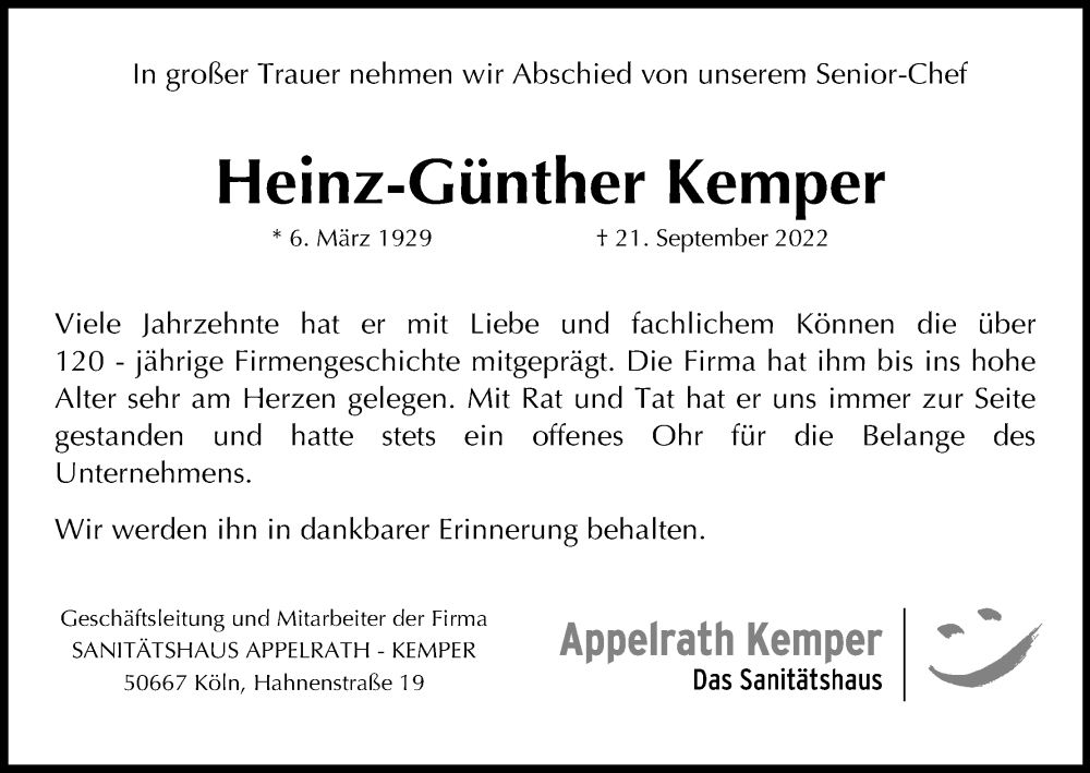  Traueranzeige für Heinz-Günther Kemper vom 01.10.2022 aus Kölner Stadt-Anzeiger / Kölnische Rundschau / Express
