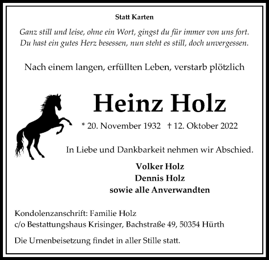 Anzeige von Heinz Holz von Kölner Stadt-Anzeiger / Kölnische Rundschau / Express