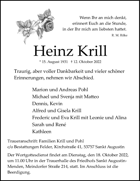 Anzeige von Heinz Krill von Kölner Stadt-Anzeiger / Kölnische Rundschau / Express