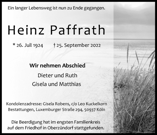 Anzeige von Heinz Paffrath von Kölner Stadt-Anzeiger / Kölnische Rundschau / Express