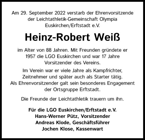 Anzeige von Heinz-Robert Weiß von Kölner Stadt-Anzeiger / Kölnische Rundschau / Express