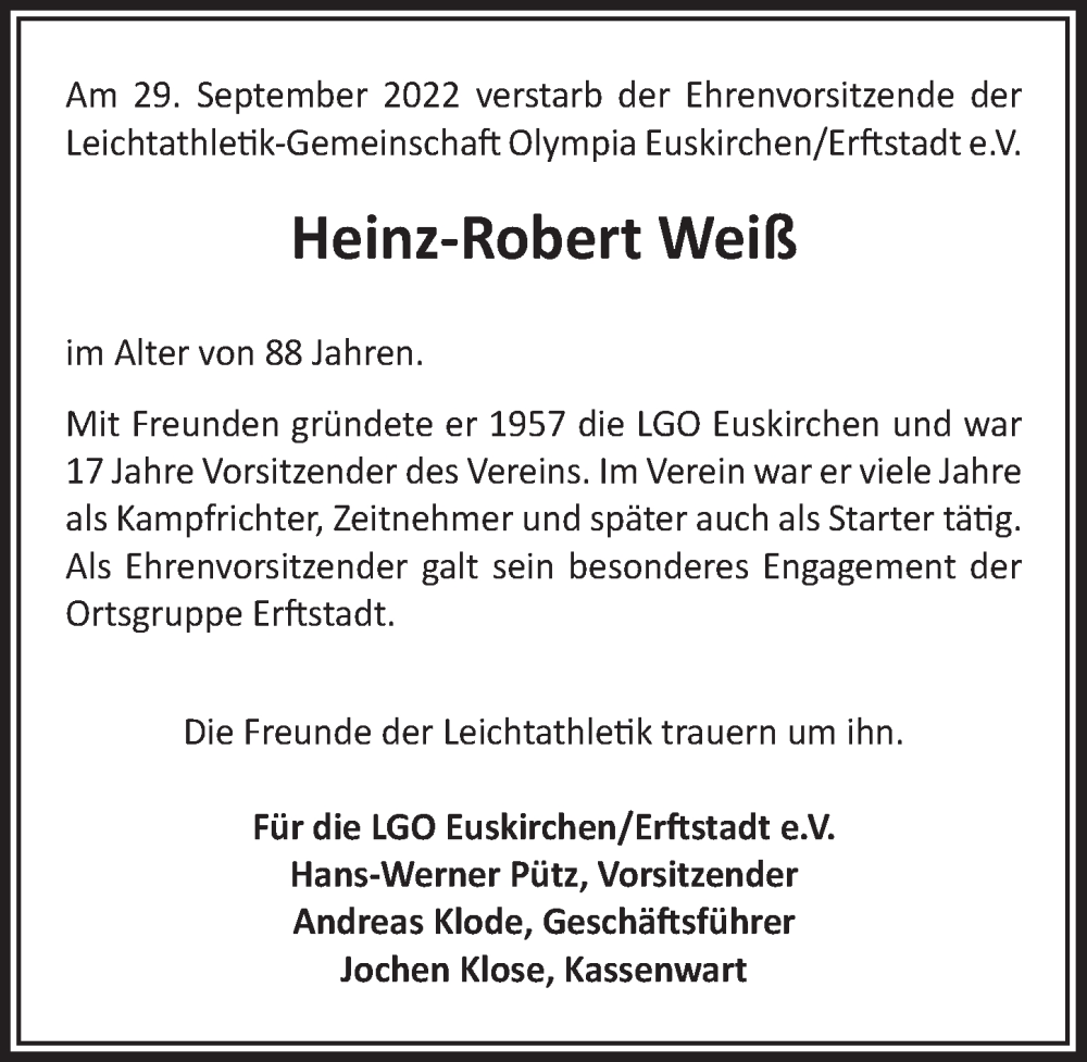  Traueranzeige für Heinz-Robert Weiß vom 15.10.2022 aus  Werbepost 