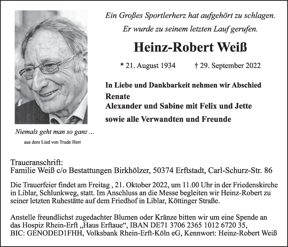  Traueranzeige für Heinz-Robert Weiß vom 14.10.2022 aus  Werbepost 