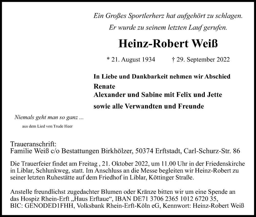  Traueranzeige für Heinz-Robert Weiß vom 15.10.2022 aus Kölner Stadt-Anzeiger / Kölnische Rundschau / Express