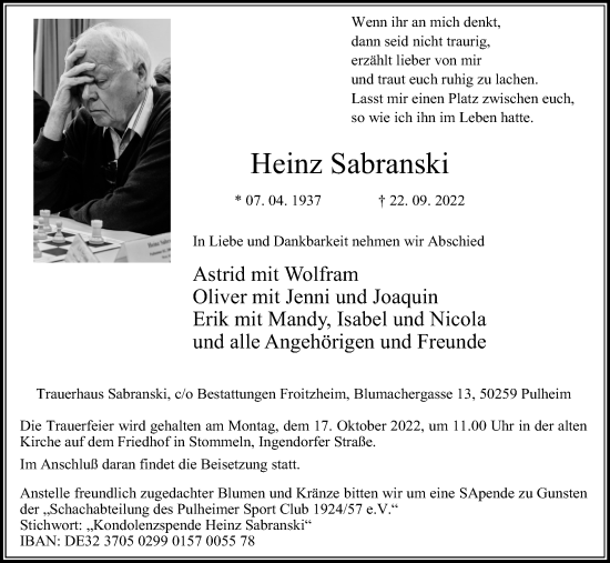 Anzeige von Heinz Sabranski von Kölner Stadt-Anzeiger / Kölnische Rundschau / Express