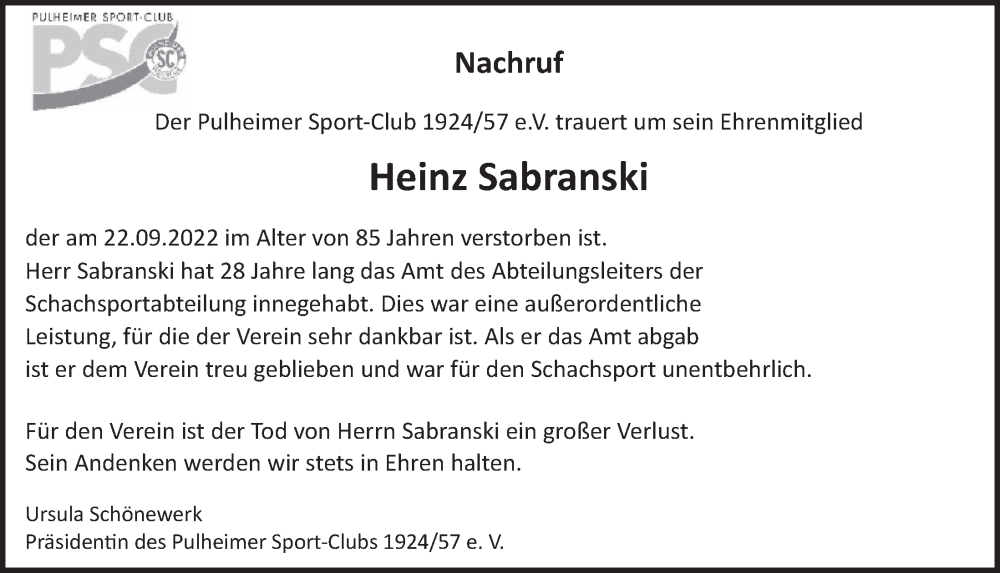  Traueranzeige für Heinz Sabranski vom 21.10.2022 aus  Wochenende 