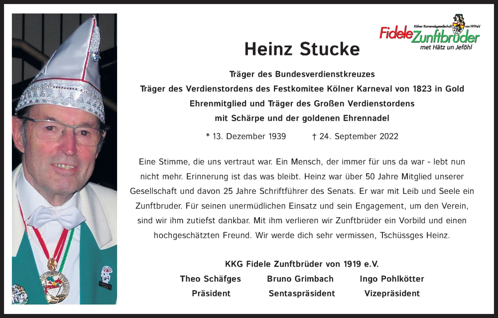  Traueranzeige für Heinz Stucke vom 15.10.2022 aus Kölner Stadt-Anzeiger / Kölnische Rundschau / Express