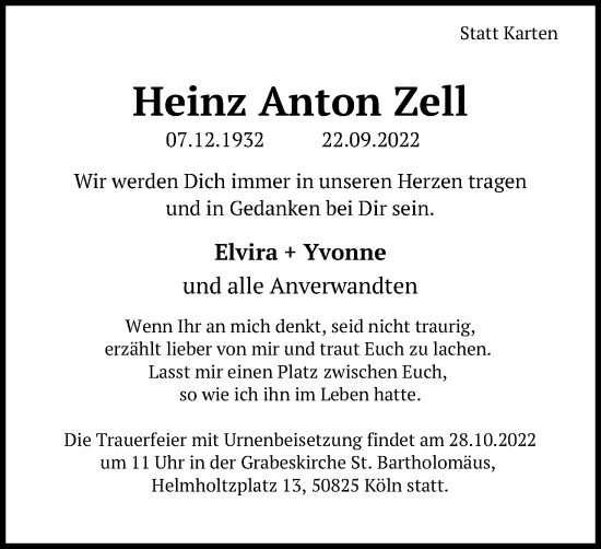 Anzeige von Heinz Anton Zell von Kölner Stadt-Anzeiger / Kölnische Rundschau / Express