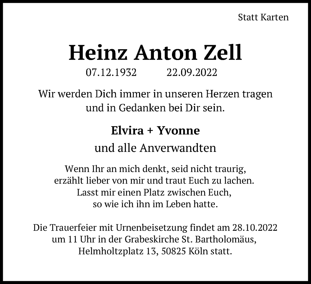  Traueranzeige für Heinz Anton Zell vom 22.10.2022 aus Kölner Stadt-Anzeiger / Kölnische Rundschau / Express