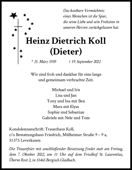Anzeige von Heinz Dietrich Koll von Kölner Stadt-Anzeiger / Kölnische Rundschau / Express