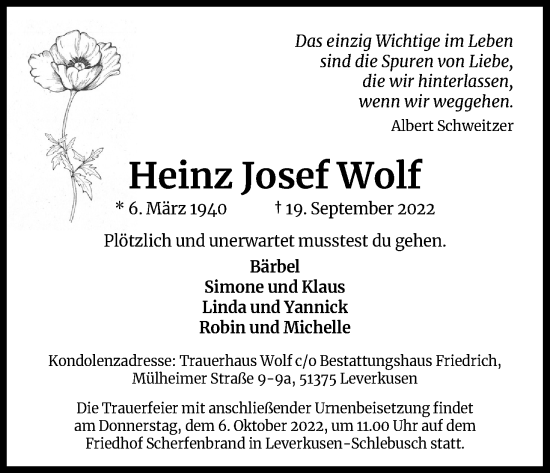 Anzeige von Heinz Josef Wolf von Kölner Stadt-Anzeiger / Kölnische Rundschau / Express