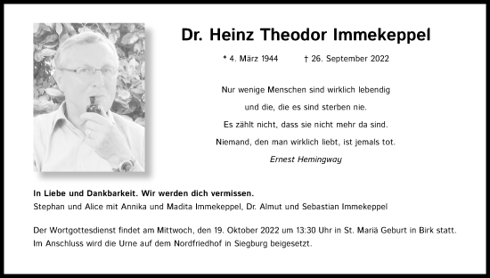 Anzeige von Heinz Theodor Immekeppel von Kölner Stadt-Anzeiger / Kölnische Rundschau / Express